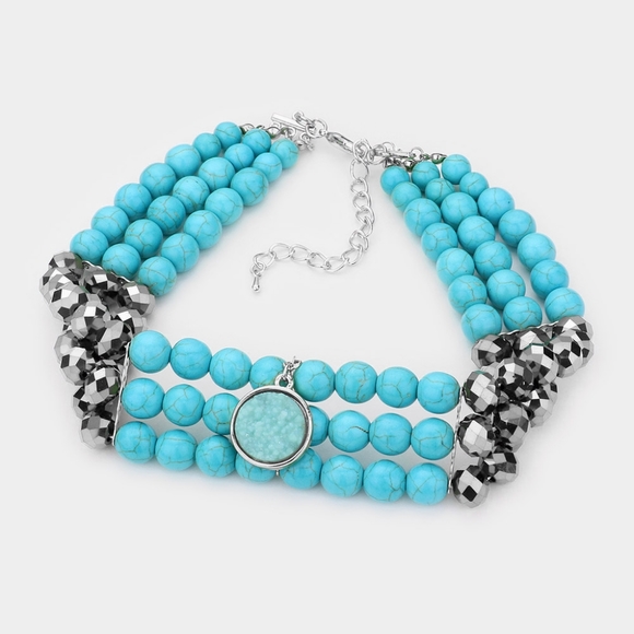 Blue Turquoise Choker Pendant Necklace Layered Fashion Statement Jewelry Set - Picture 2 of 2